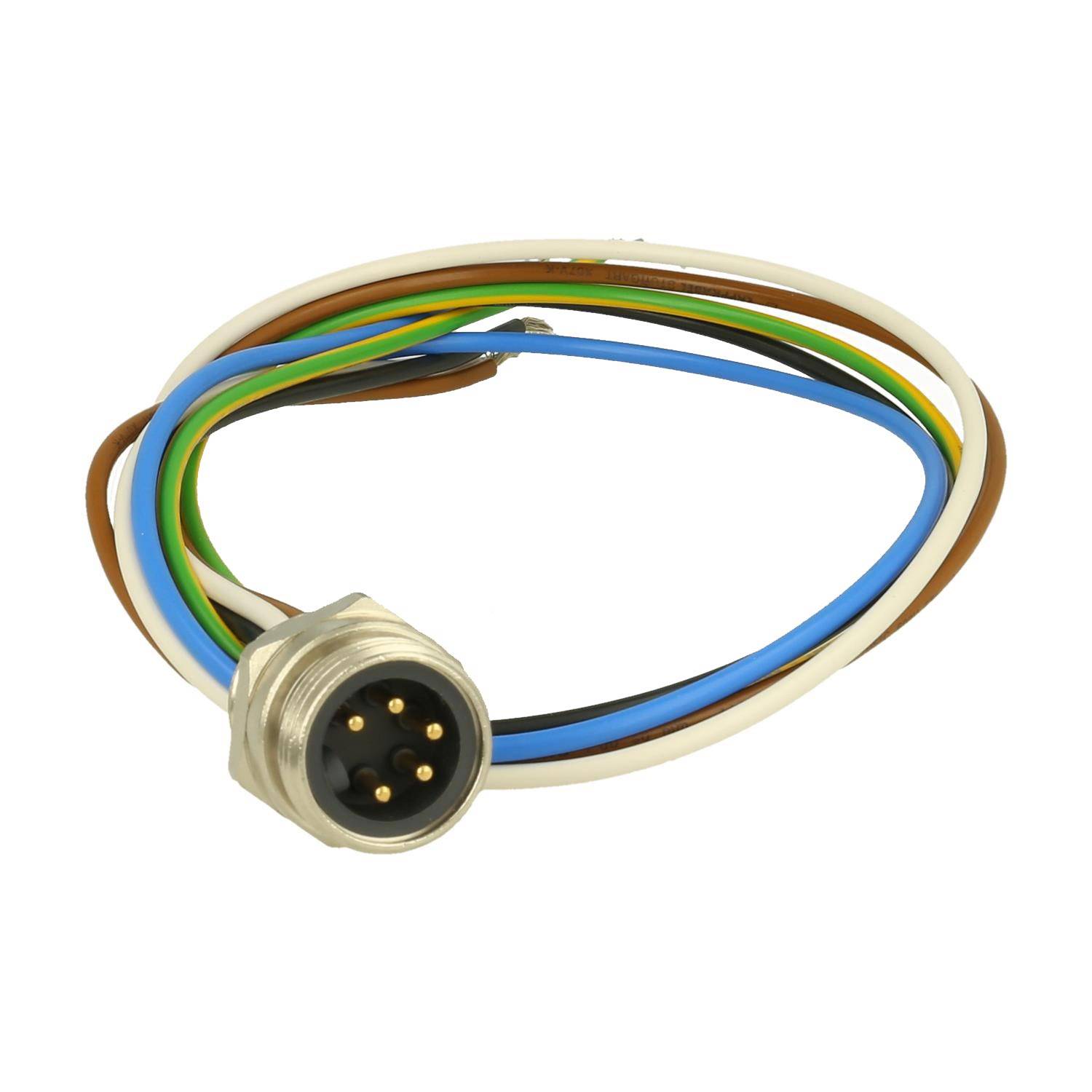 Ein metallischer kreisförmiger Stecker mit mehrfarbigen Drähten (grün, blau, weiß, braun), der für elektrische Verbindungen verwendet wird.