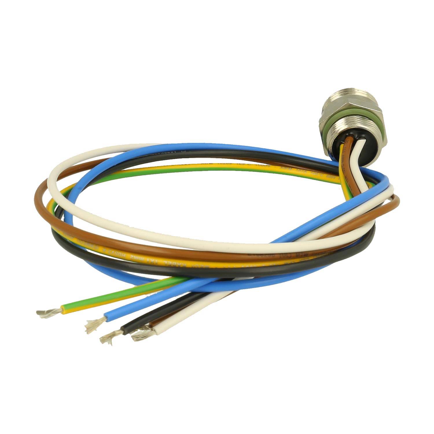 Ein Bündel farbiger Elektrokabel mit blanken Enden, die mit einem metallischen Rundstecker verbunden sind.