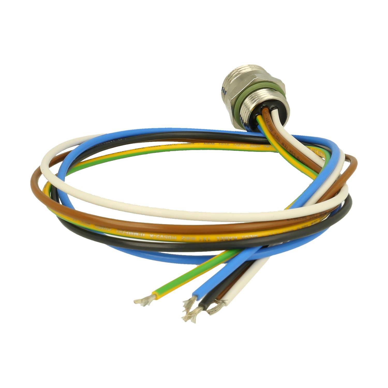 Farbige Elektrokabel mit freiliegenden Enden, die mit einem Metallstecker verbunden sind und zum Verkabeln oder Reparieren von elektrischen Geräten verwendet werden.