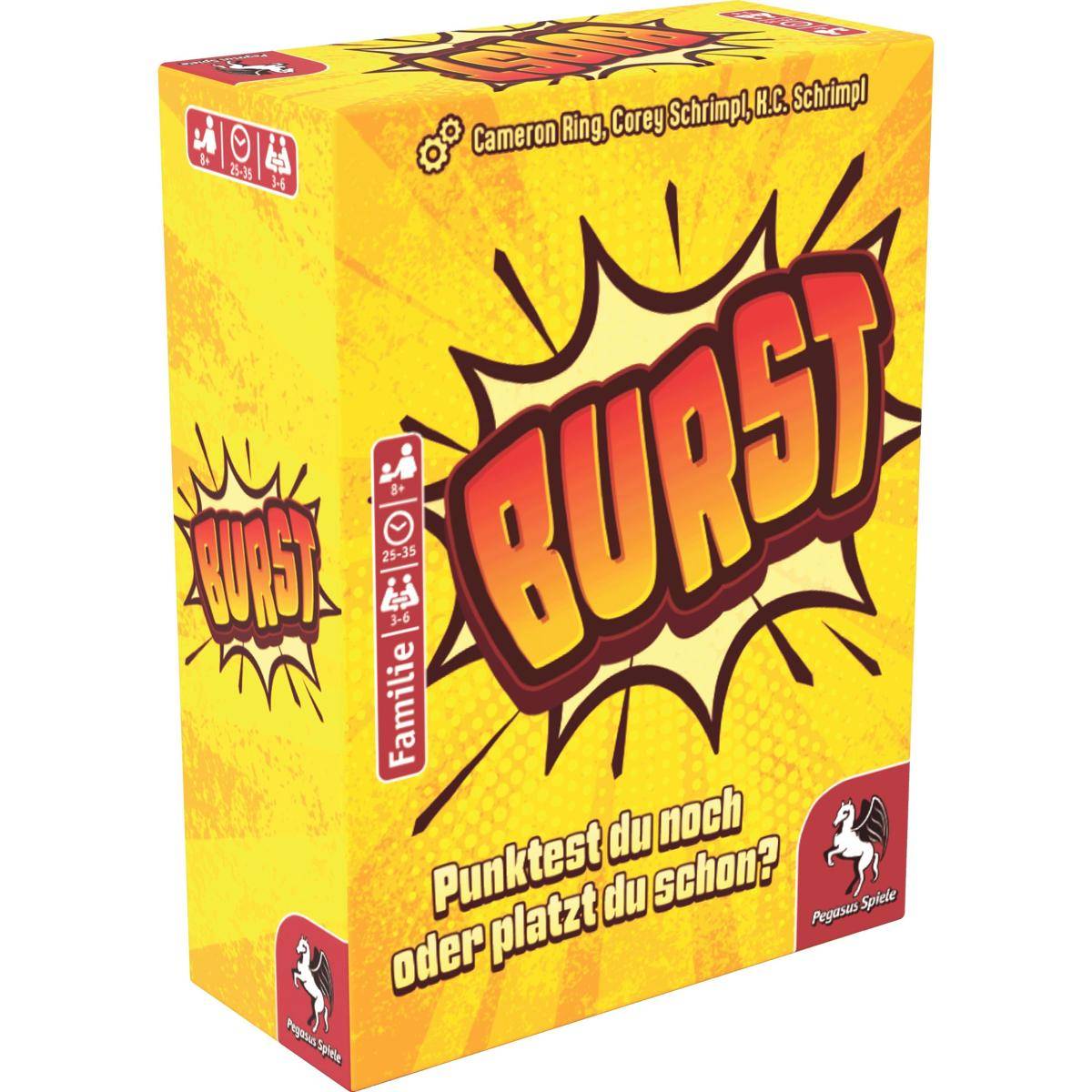 Leuchtend gelbes Brettspielkarton mit Comic-Stil-Text, auf dem „Burst