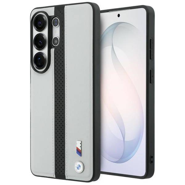 Smartphone mit einem eleganten, grauen Gehäuse mit einer Triple-Kamera und einem kleinen Logo-Emblem, aufrecht gegen einen weißen Hintergrund positioniert.