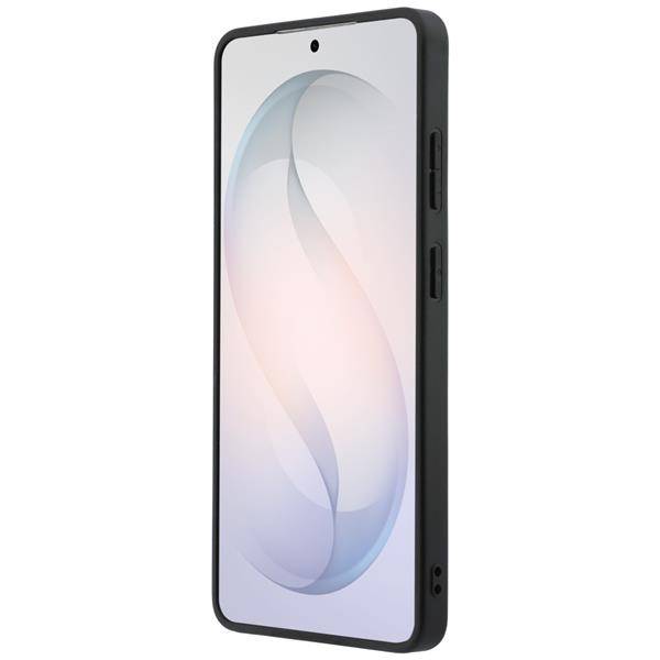 Ein Smartphone mit schwarzem Rahmen, das ein abstraktes Muster auf seinem Bildschirm anzeigt, aus einer angewinkelten Seitenperspektive betrachtet.