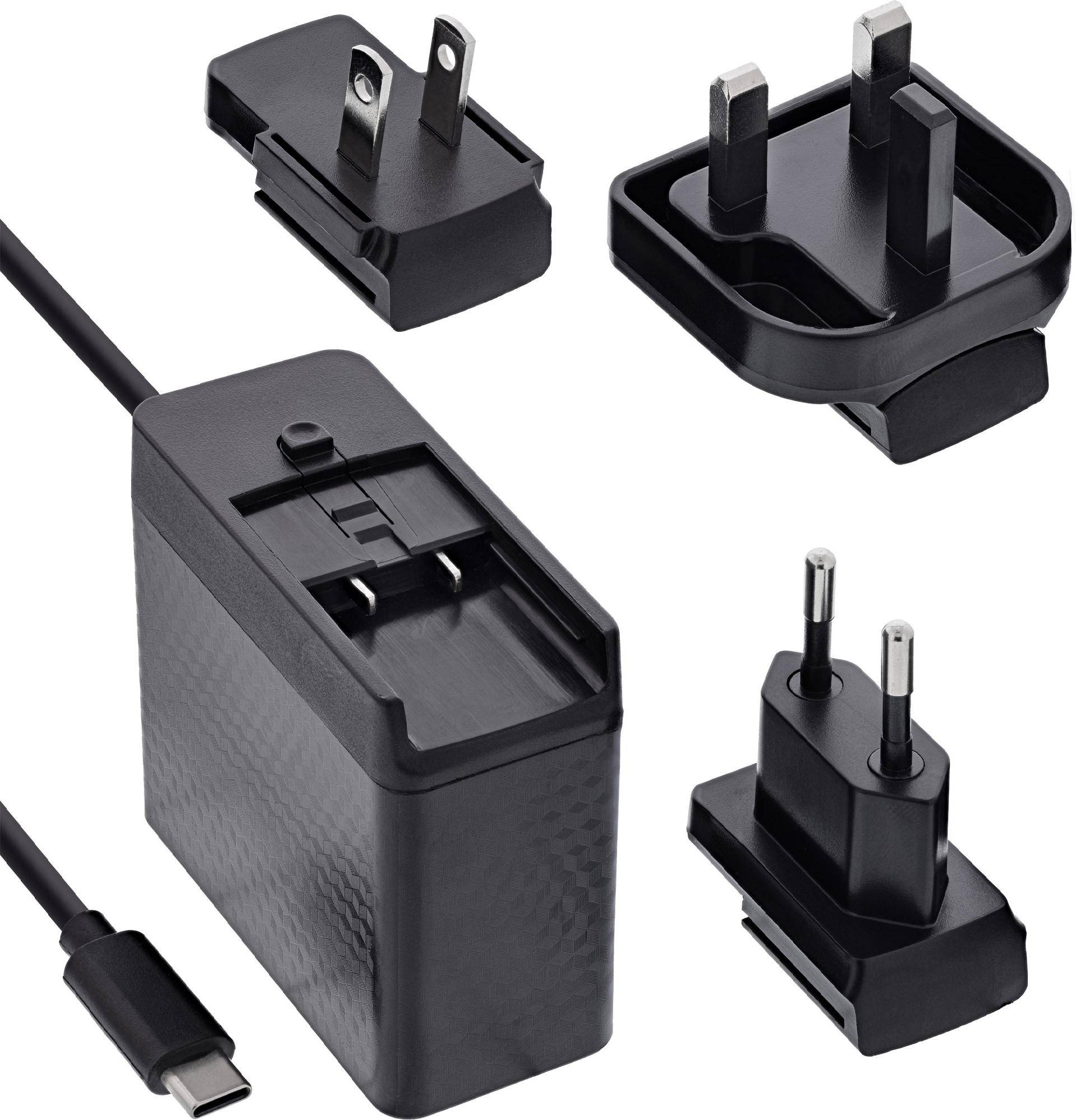 InLine® TravelCharge USB-C Netzteil 140W, GaN, festes Kabel, EU/UK/US, schwarz (31516C)