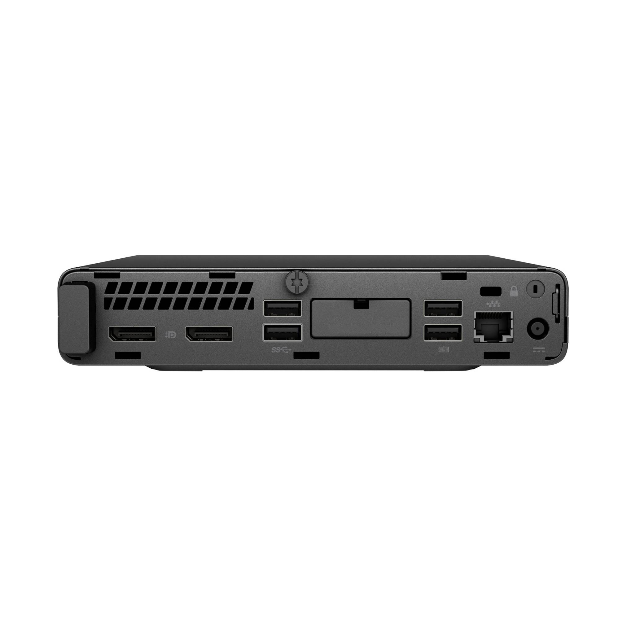 Rückansicht eines schwarzen elektronischen Geräts mit mehreren Anschlüssen, darunter HDMI, USB, Ethernet und eine Stromversorgungseingabe, die Konnektivitätsoptionen anzeigt.
