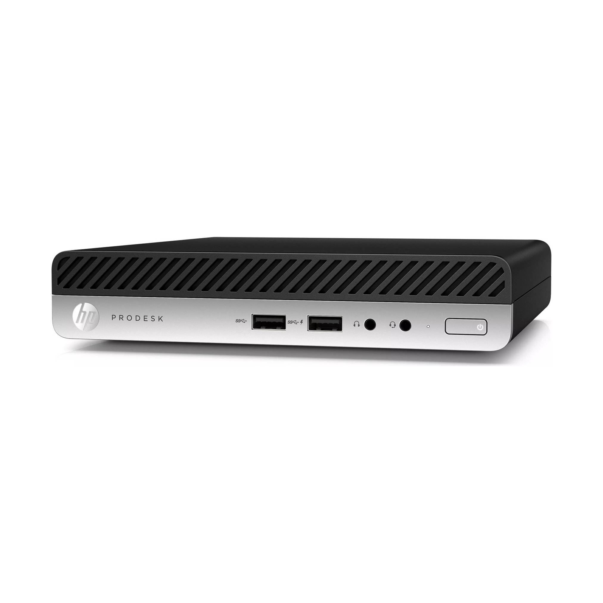HP ProDesk Mini Desktop-Computer mit eleganter schwarz-silberner Designgestaltung, mit vorderen Anschlüssen für USB- und Audioverbindungen.