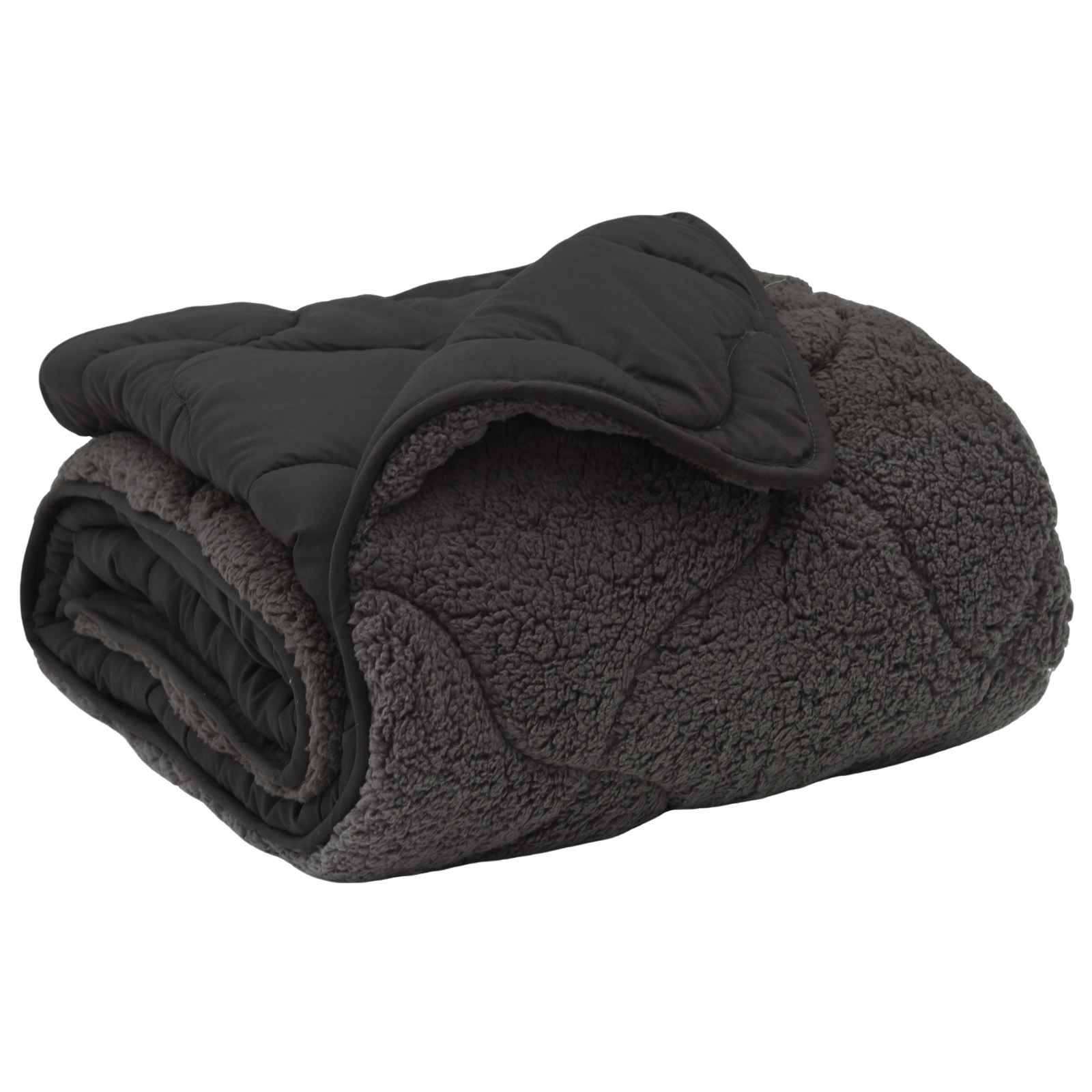 Eine gefaltete graue Fleece-Decke mit gestepptem Muster auf einer Seite, die eine warme, samtige Textur zeigt und sich für gemütliche Verwendung eignet.