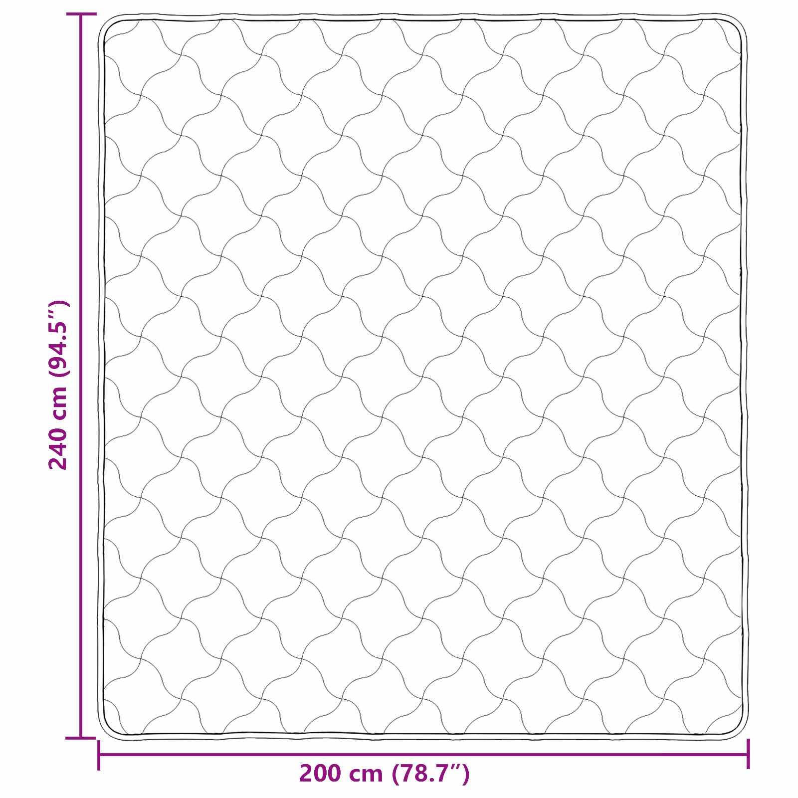 Illustration eines rechteckigen Quilts mit einem verbundenen Muster, mit den Maßen 240 cm x 200 cm, mit Abmessungen in Zentimetern und Zoll beschriftet.