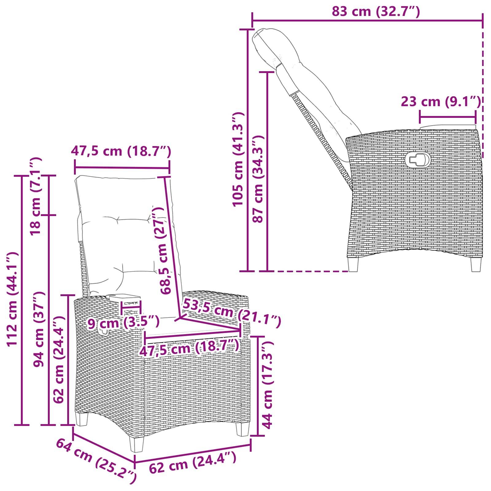 Sessel-Maßdiagramm: Höhe 112 cm, Breite 68,5 cm, Tiefe 83 cm. Sitzhöhe 64 cm, Rückenlehne 87 cm. Armlehnenbreite 9 cm.