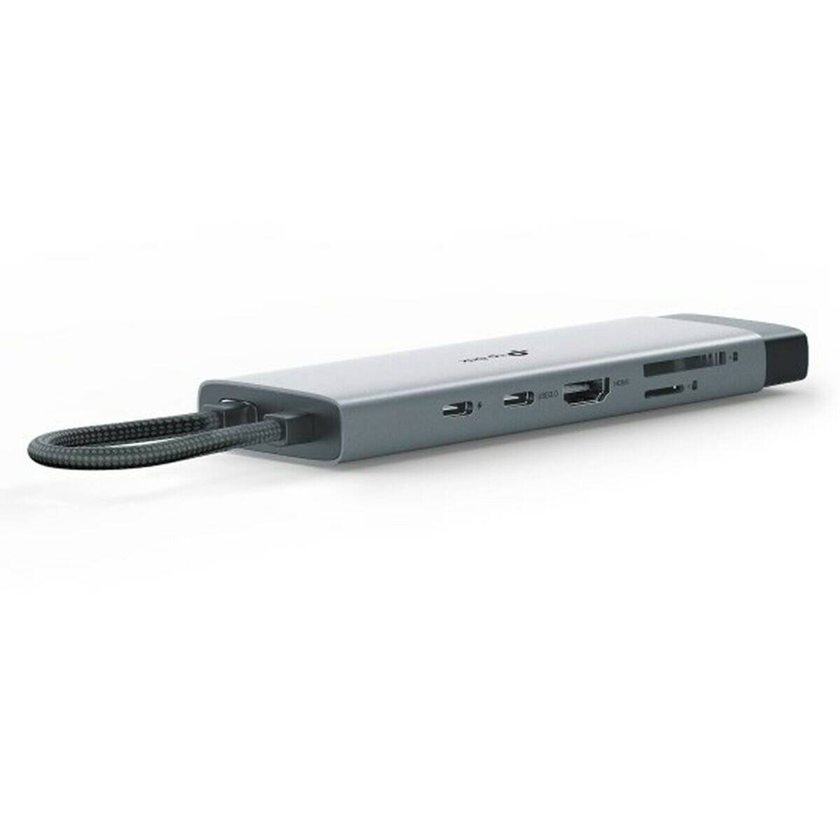 Ein schlanker, rechteckiger USB-C-Hub mit mehreren Anschlüssen, einschließlich HDMI, USB und SD-Kartensteckplätzen, der für Konnektivität und Erweiterung konzipiert ist.