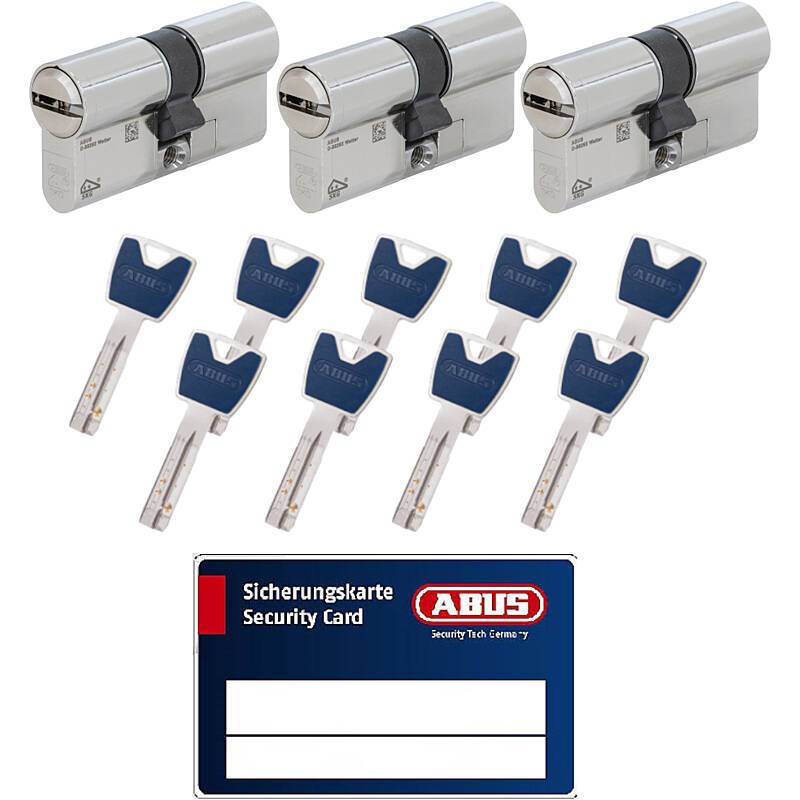 Drei Zylinderschlösser mit sieben passenden Schlüsseln und eine Sicherheitskarte mit der Bezeichnung „ABUS Sicherungskarte Security Card
