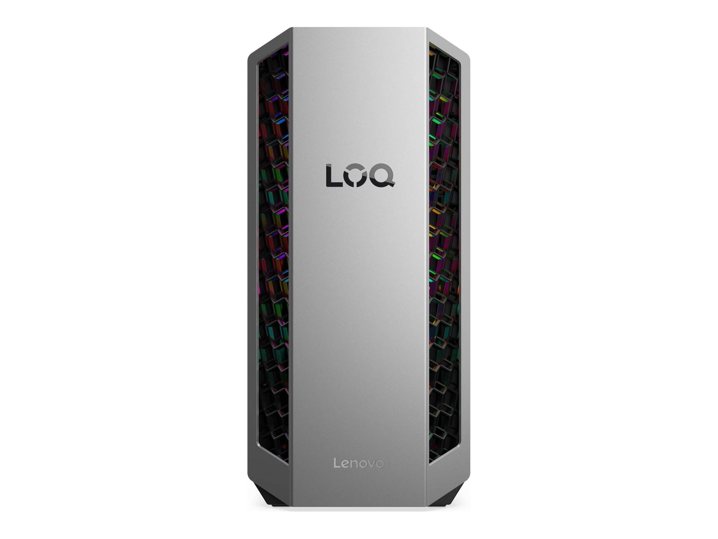 Frontansicht eines Lenovo LOQ-Desktop-Gehäuses mit einem grauen Mittelpanel und dunklen sechseckigen Seitenlüftungsöffnungen, die RGB-beleuchtete interne Lüfter zeigen.