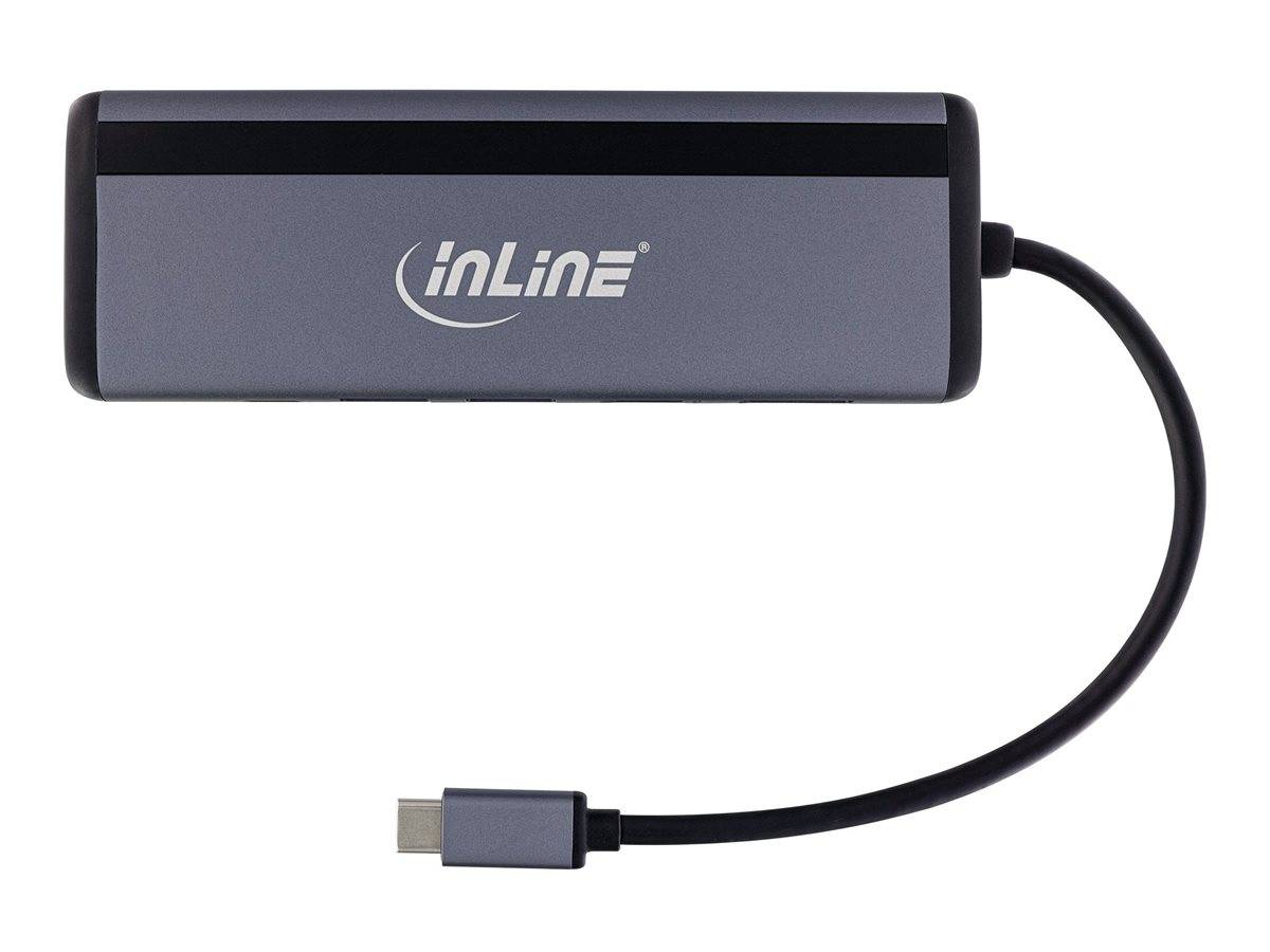 Ein grauer InLine USB-C-Hub mit mehreren Anschlüssen, konzipiert für die Verbindung verschiedener Geräte mit einem Laptop, vor weißem Hintergrund dargestellt.