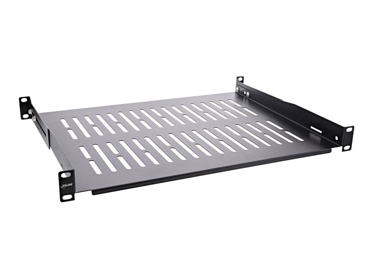 Ein schwarzes, belüftetes Regalfach zur Montage in einem Serverrack, mit mehreren parallelen Schlitzen für Luftstrom und zwei vorderen Montageklammern.