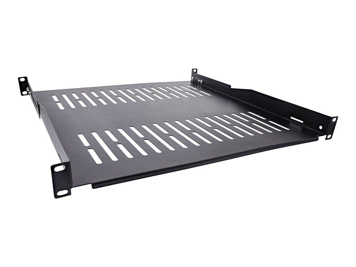 Ein schwarzes belüftetes Metall-Regalfach mit Montageklammern, entworfen für die Installation in einem Serverrack oder Ausrüstungsschrank für bessere Belüftung.