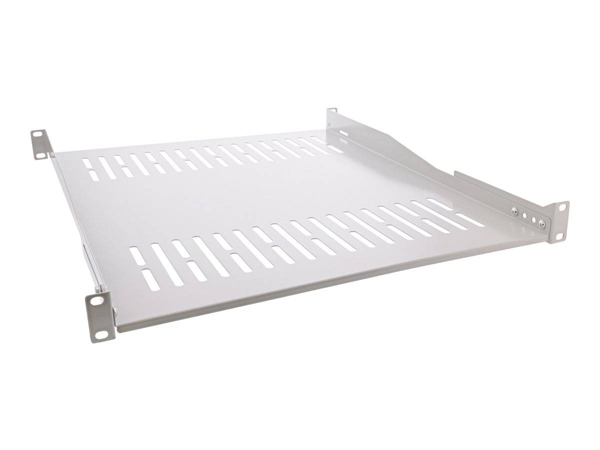 Ein weißes Metallregal mit Belüftung und Montageklammern, das zum Organisieren und Unterstützen von Geräten in einem Serverrack oder Schrank ausgelegt ist.