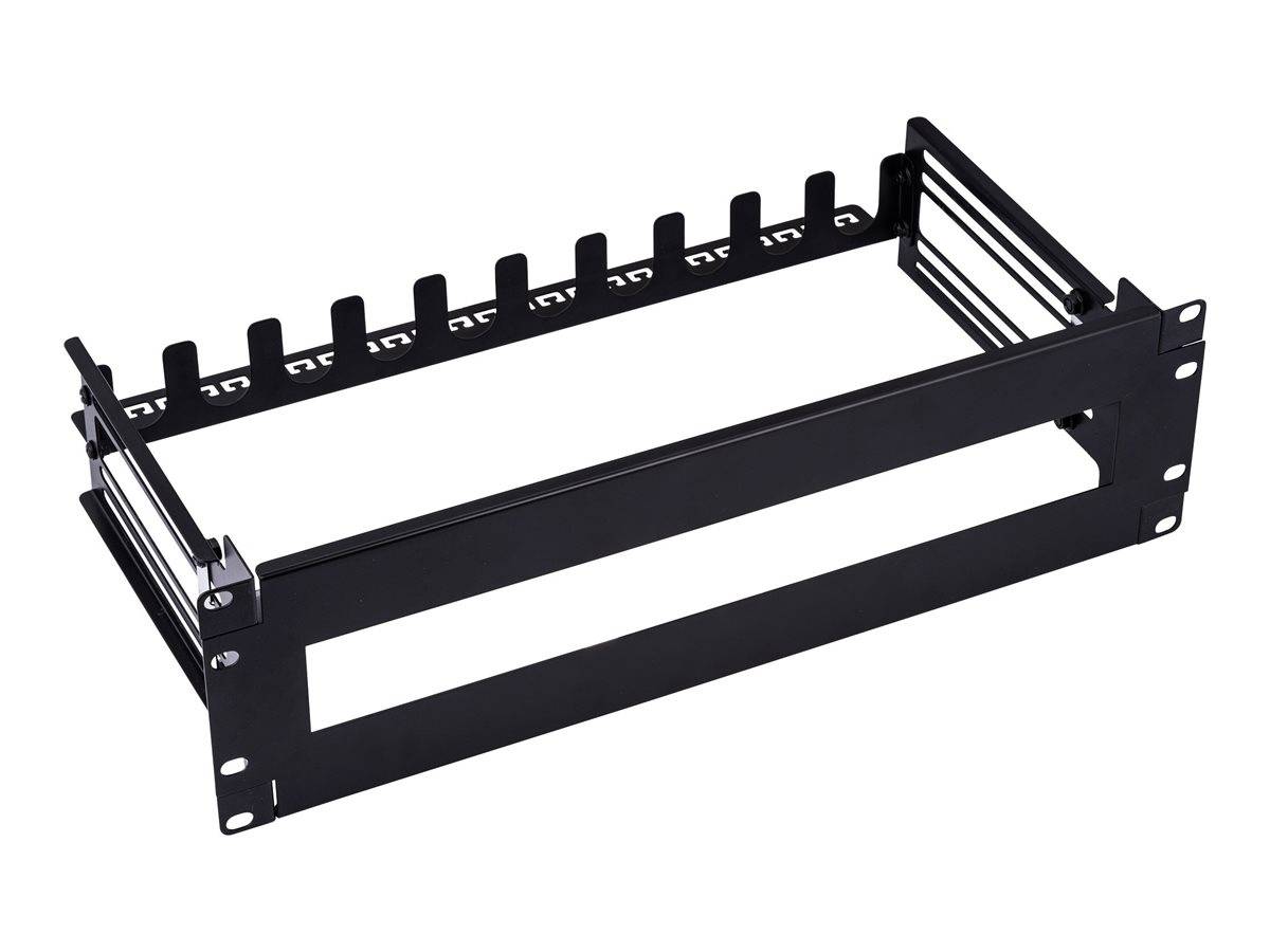 Ein schwarzer Metall-Rackmontagekabelmanager mit 12 horizontalen Schlitzen und hinterer Stange, entworfen zur Organisation und Sicherung von Netzwerkkabeln.