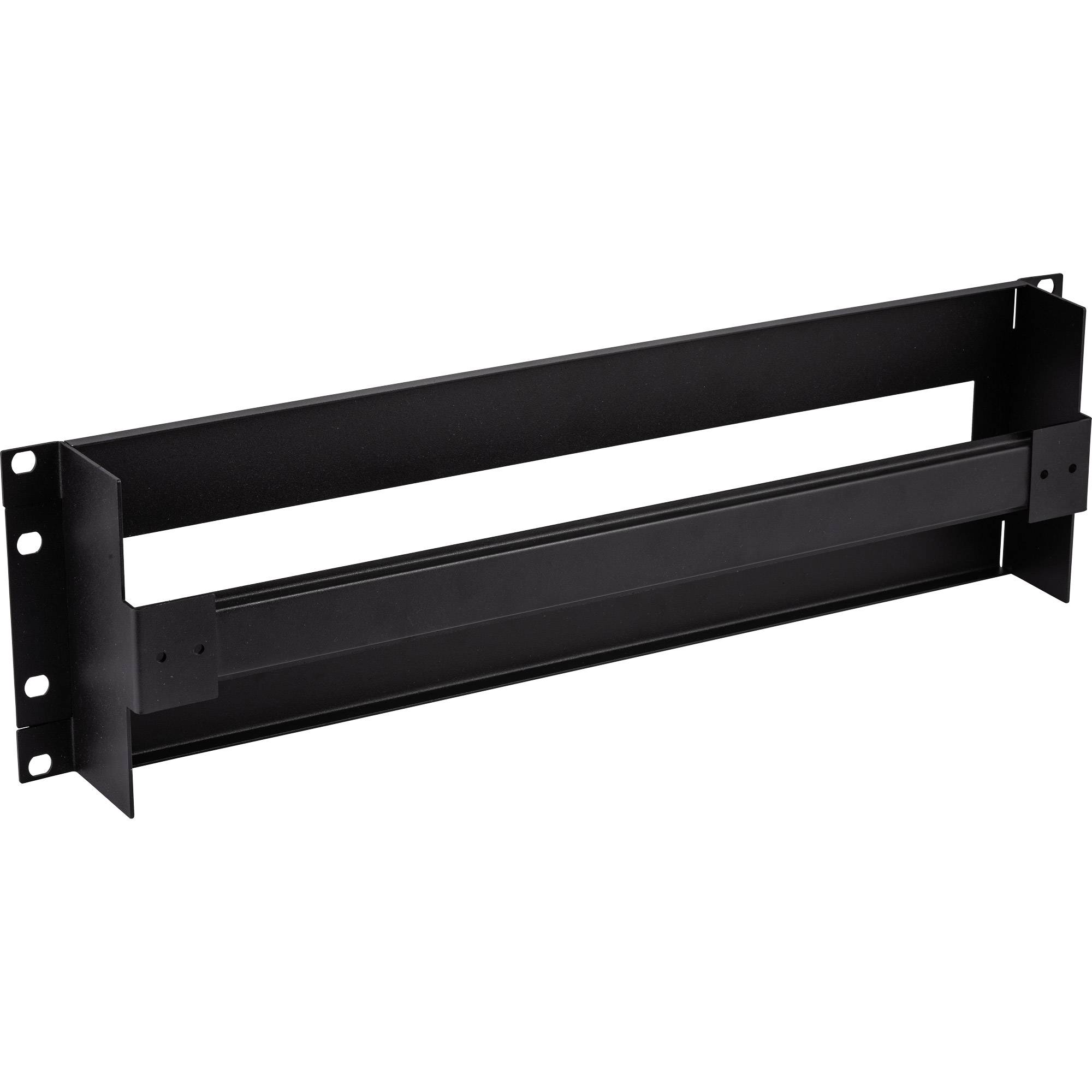 Eine schwarze Metallrackmontageklammer mit mehreren Schraubenlöchern an den Seiten, die zum sicheren Halten von Geräten in einem Serverrack konzipiert ist.
