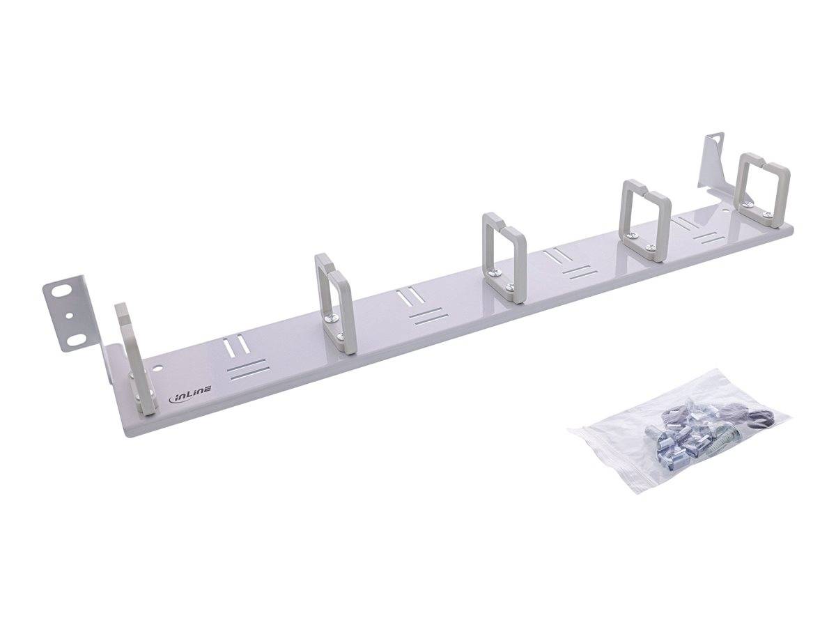 Metallisches Kabelführungstablett mit mehreren Halterungsklammern und einer Packung Schrauben, entwickelt zur effizienten Organisation und Sicherung von Kabeln.
