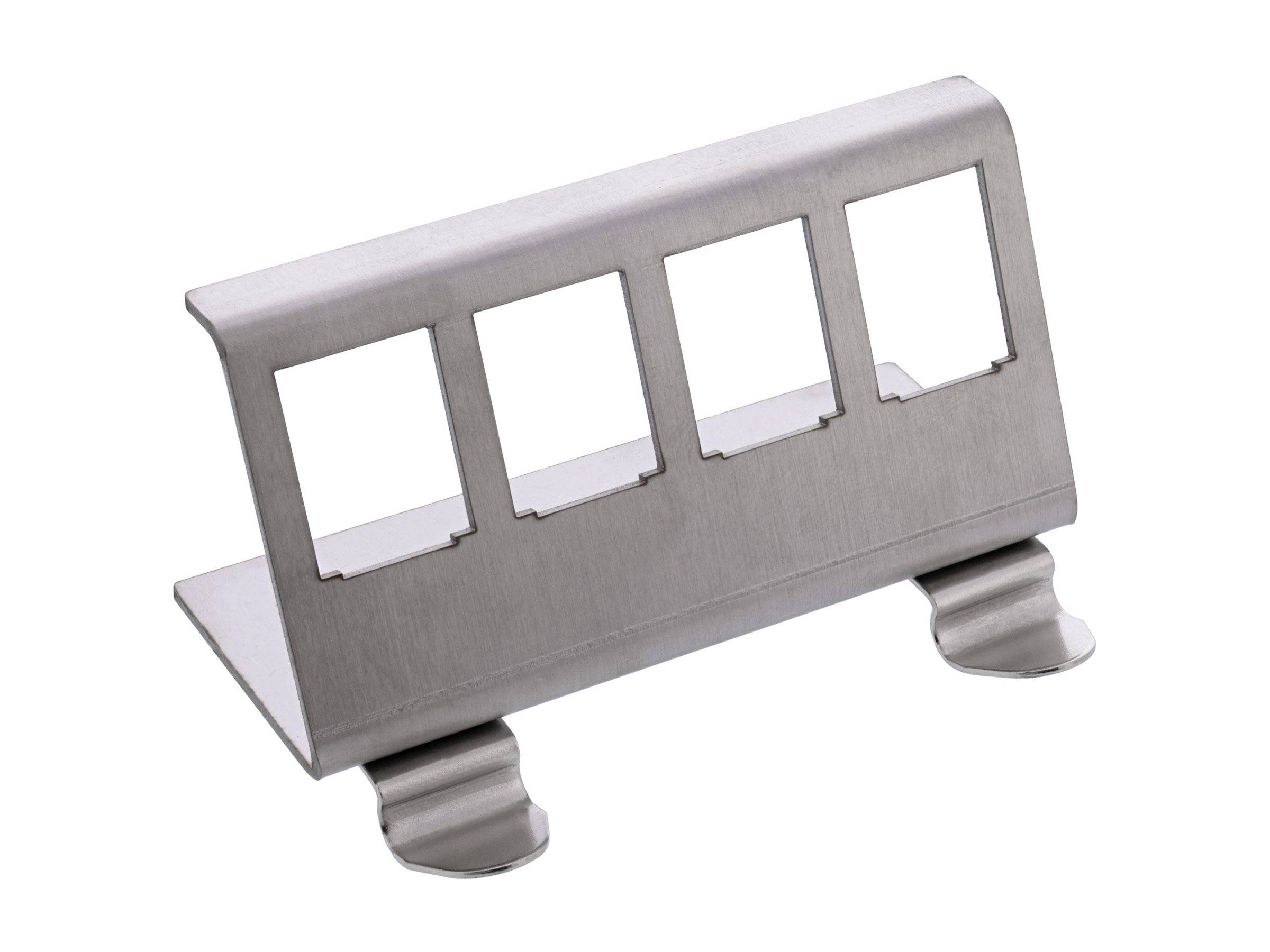 Ein Ständer für Tacos aus Edelstahl mit vier Schlitzen auf einer flachen Basis, entwickelt, um Tacos aufrecht zum Servieren oder Vorbereiten zu halten.