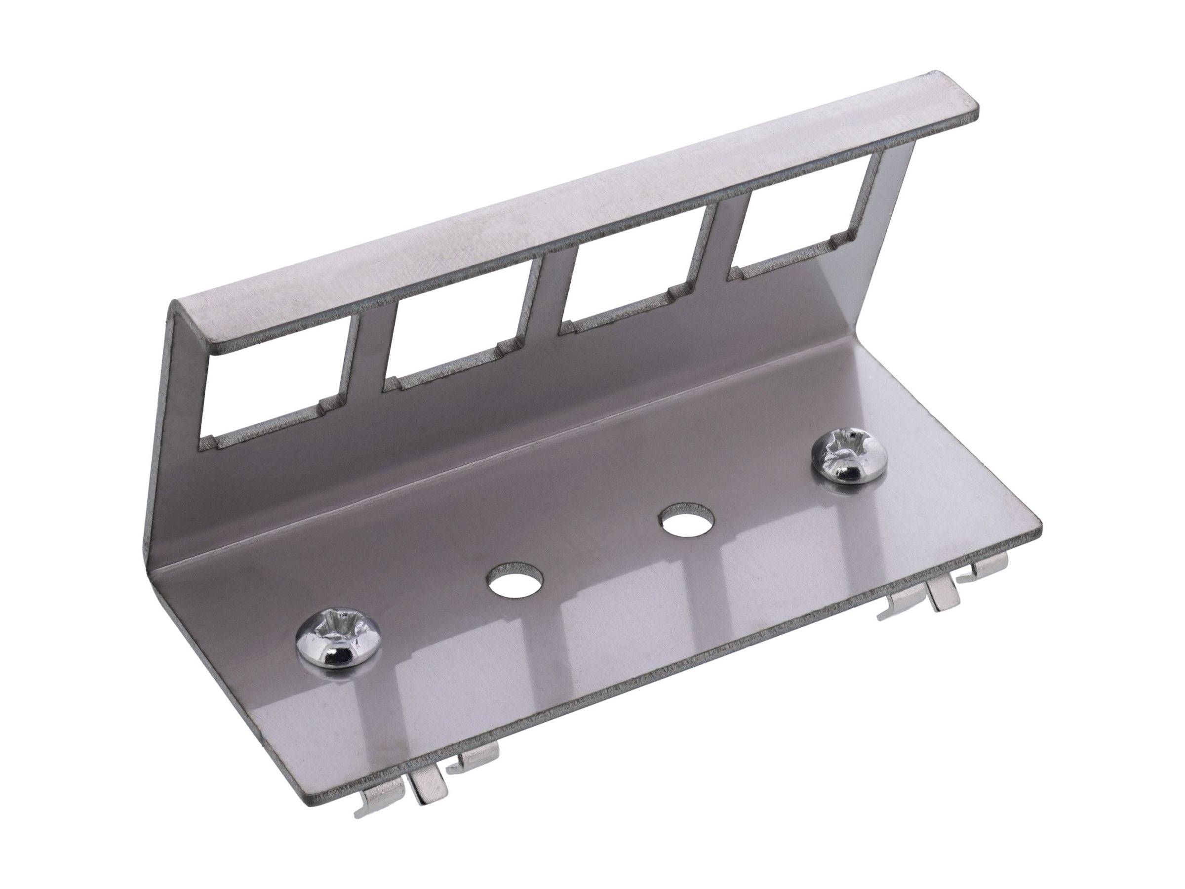 Eine Metallhalterung mit vorgebohrten Löchern zur Montage, mit einem geschlitzten Rücken zum Halten oder Führen von Kabeln oder Drähten.