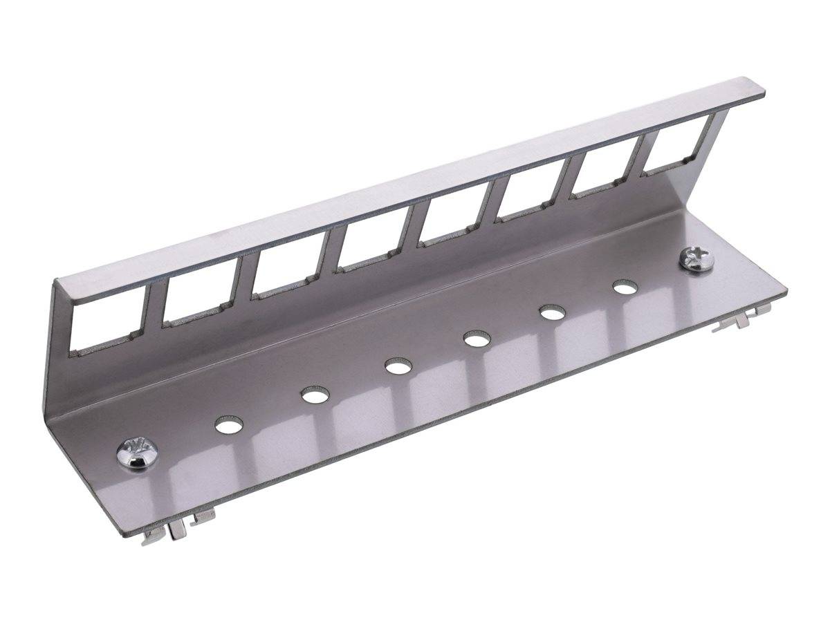 Eine Metallhalterung mit Schlitzdesign zum Montieren. Sie hat eine Reihe von rechteckigen Öffnungen entlang der oberen Kante und mehrere Schraubenlöcher.