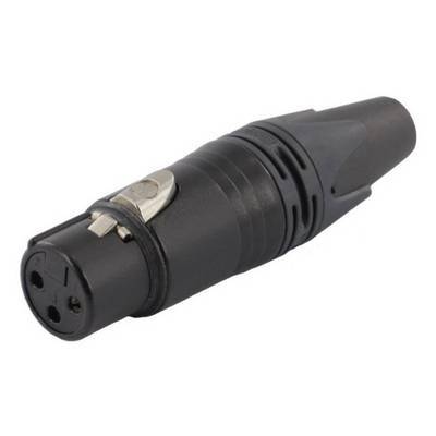 Ein schwarzes XLR-Mikrofonkabelverbindungsstück mit einem Metallclip an der Seite, das für Audiogeräteverbindungen verwendet wird.