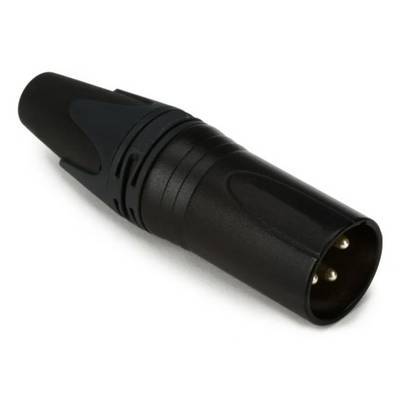 Ein schwarzer XLR-Stecker mit drei vergoldeten Kontakten, der zur Verbindung von Audiogeräten verwendet wird.