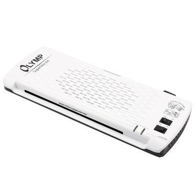 Ein flacher, rechteckiger weißer Laminiergerät mit strukturiertem Muster auf der Oberseite, mit der Marke „OLYMP