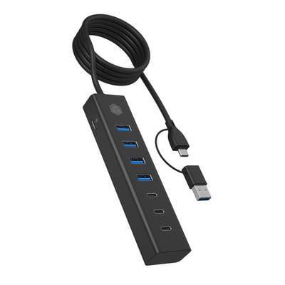 Schwarzer USB-Hub mit vier blauen USB-3.0-Anschlüssen und zwei USB-C-Anschlüssen, mit integriertem Kabel.