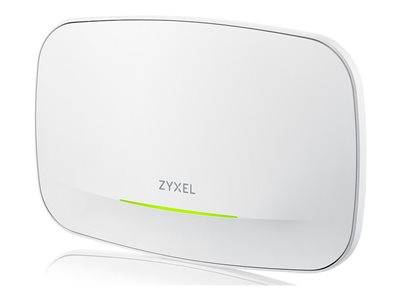 Ein weißer Zyxel-Router mit minimalistischem Design und einer dünnen, horizontalen grünen Anzeigelinie an der Vorderseite.