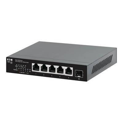Ein schwarzer Netzwerk-Switch mit fünf Ethernet-Anschlüssen und einem SFP-Port auf der Frontplatte mit der Bezeichnung „EATON