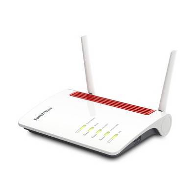 Ein weißer und roter WLAN-Router mit zwei Antennen und gekennzeichneten Kontrollleuchten wird angezeigt.