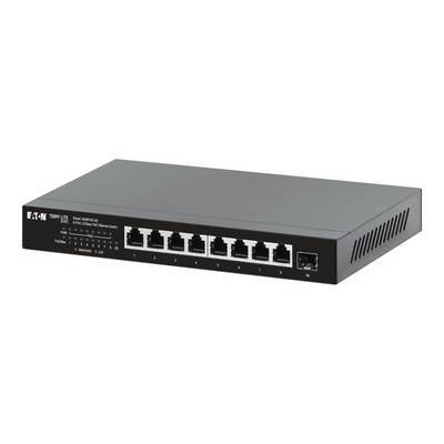 Ein 8-Port-Netzwerk-Switch mit LEDs, die den Status anzeigen. Ein Glasfaserport auf der rechten Seite. Markenlogo 'Eaton' sichtbar auf der linken Seite.