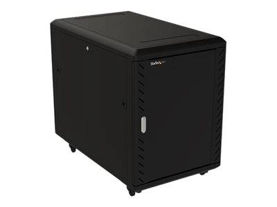 Ein schwarzes fahrbares Server-Rack-Schrank mit verriegelbarer Vordertür, das zum Lagern und Sichern von Netzwerkausrüstung und Servern verwendet wird.