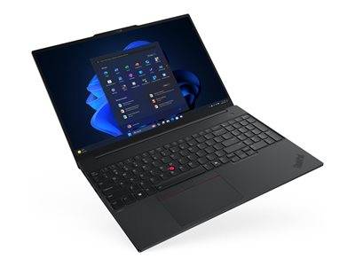 Ein schwarzer Laptop ist geöffnet und zeigt einen Desktop mit dem Windows-Betriebssystem. Der Bildschirm zeigt das Startmenü mit verschiedenen Symbolen.