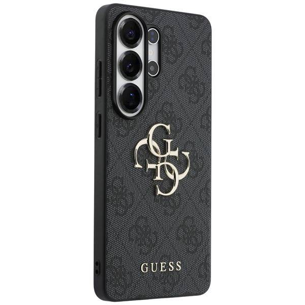 Schwarzes Smartphone-Etui mit strukturiertem Muster, das ein goldenes „GUESS