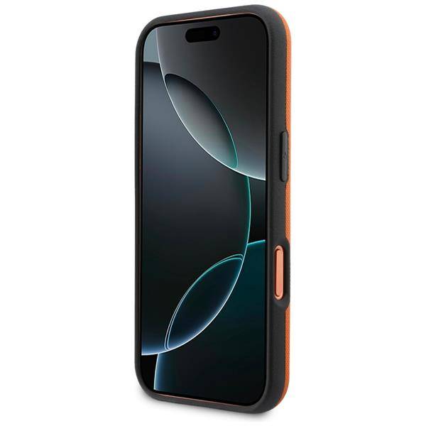 Ein Smartphone mit schlankem Design, das einen schwarzen Bildschirm mit abstrakten geschwungenen Linien aufweist. Es hat ein schützendes Gehäuse in Schwarz und Orange.