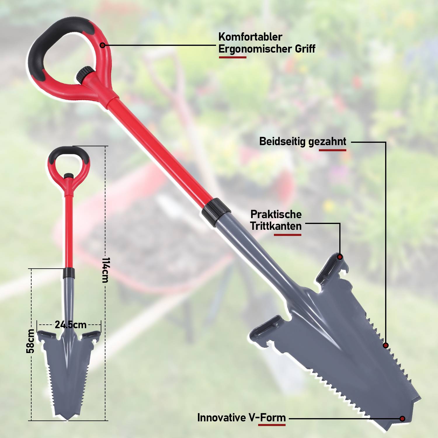 Gartenspaten mit ergonomischem Griff, doppelseitigen Zähnen, praktischen Trittflächen und innovativem V-förmigen Design. Abmessungen: 58 cm, 124 cm, 24,5 cm.