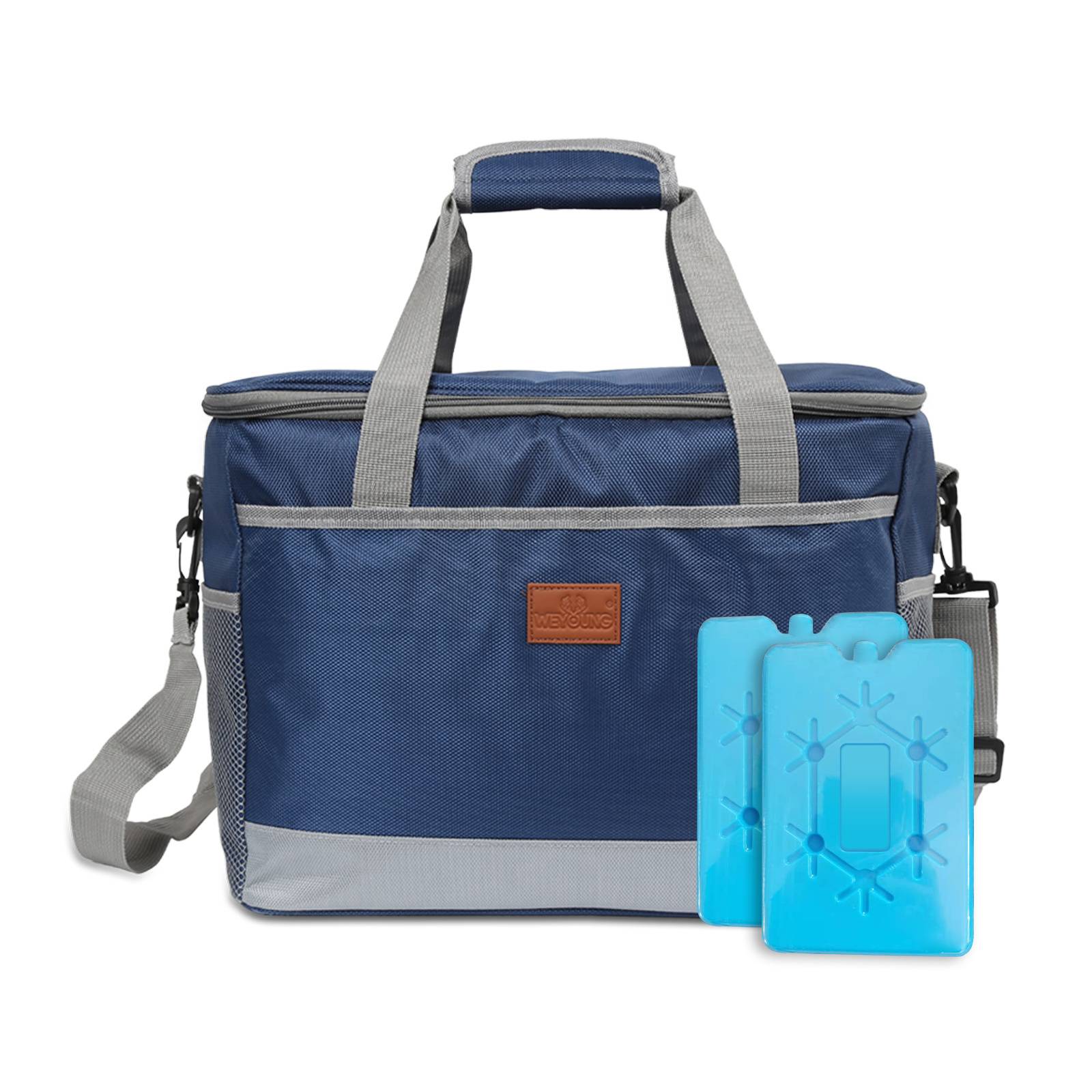 Eine blaue isolierte Kühltasche mit grauen Griffen, mit zwei blauen Kühlakku-Packs vorne platziert, entwickelt zum Kalthalten von Lebensmitteln und Getränken.