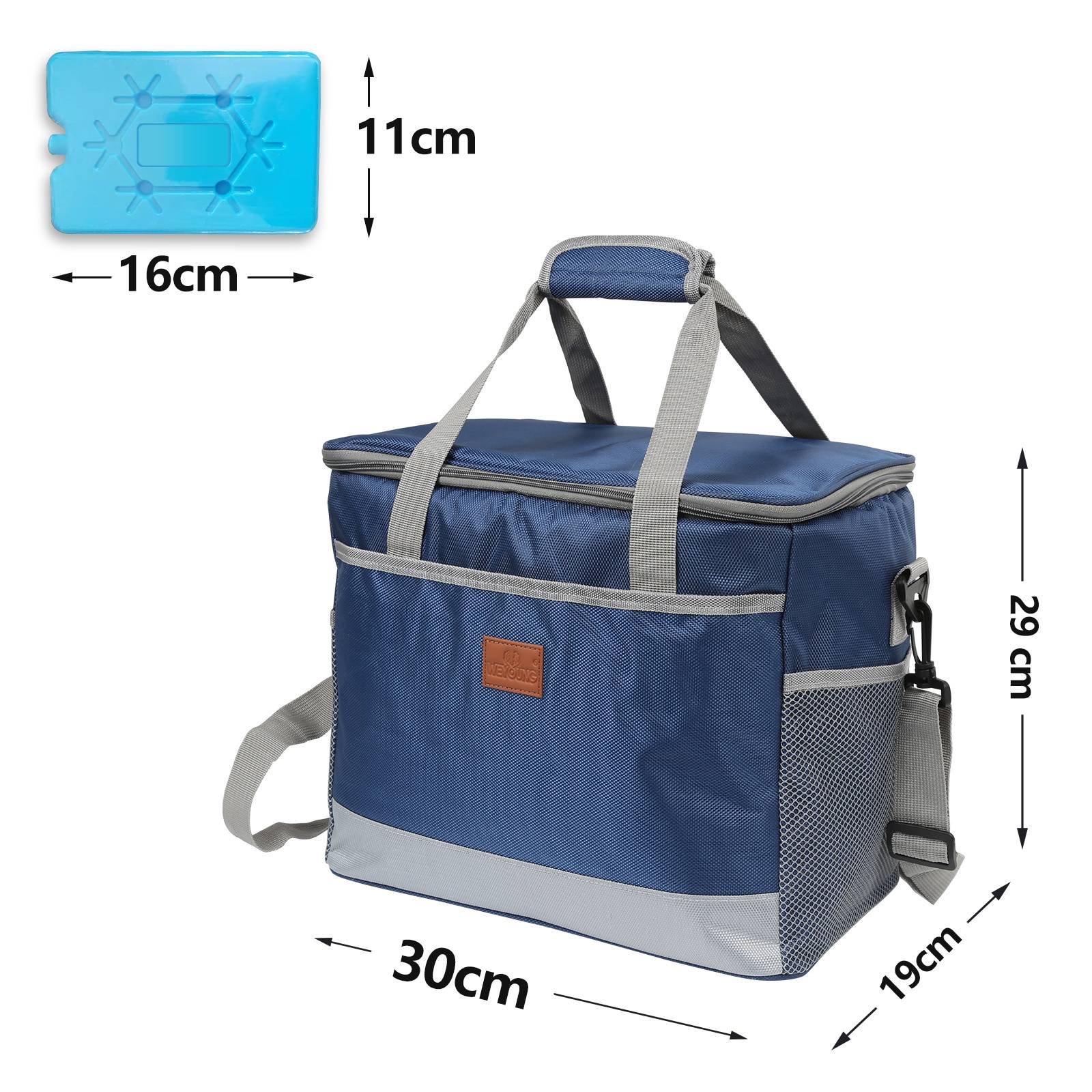 Eine blau und grau isolierte Kühlertasche mit Griff und Schultergurt, mit den Maßen 30cm x 19cm x 29cm. Ein Kühlakku von 16cm x 11cm wird gezeigt.