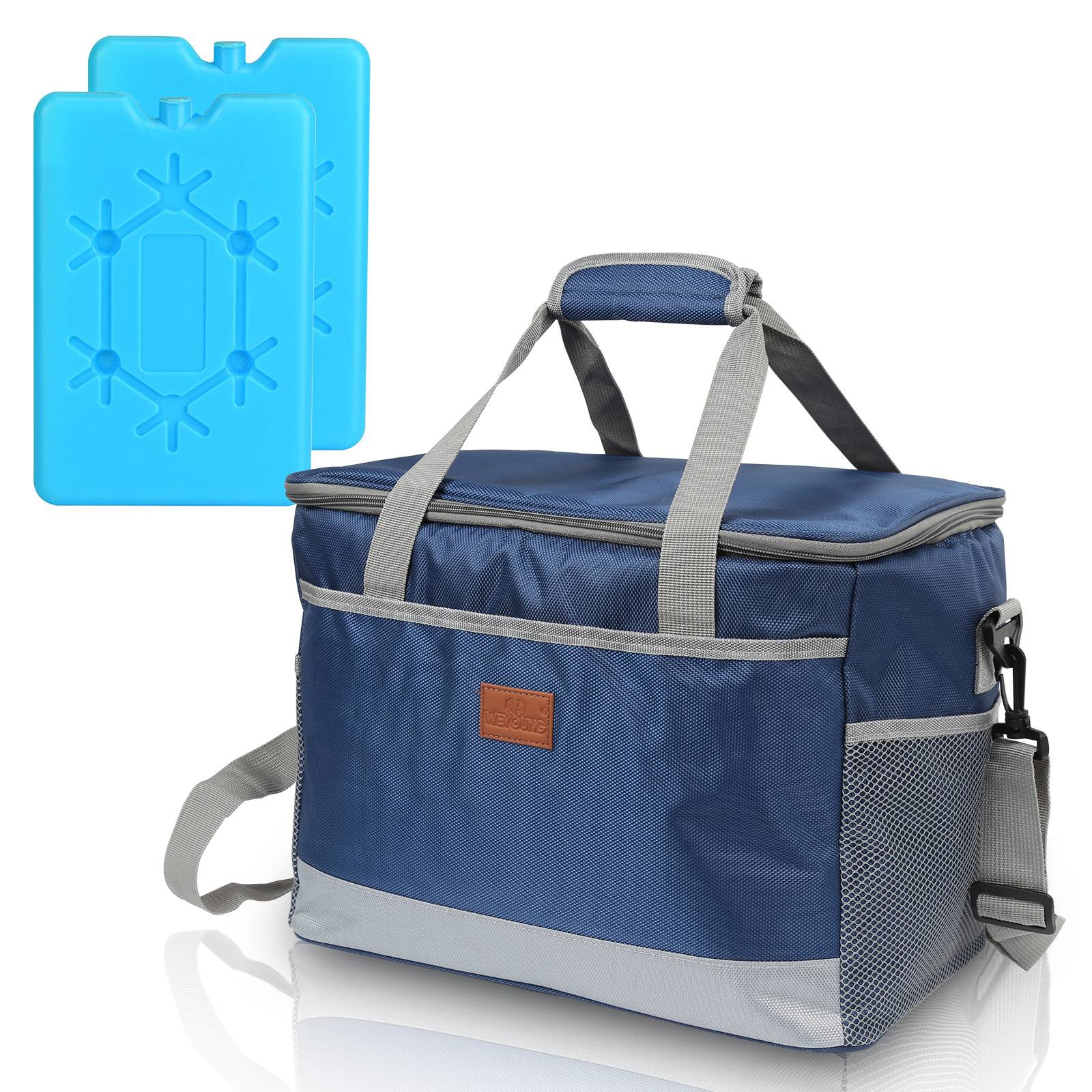 Eine blaue isolierte Kühlertasche mit grauen Riemen und einem Schultergurt, neben einem blauen Kühlakku.