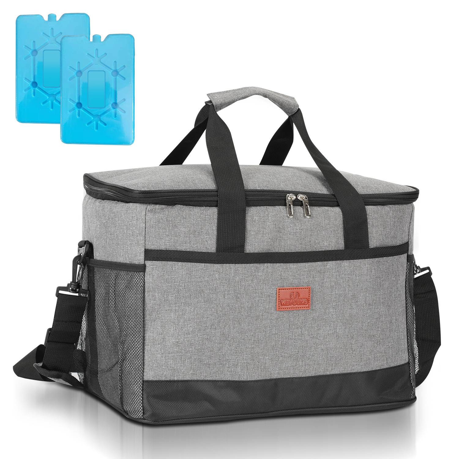 Eine große, grau isolierte Kühlertasche mit schwarzer Verzierung und Griffen wird zusammen mit zwei blauen Kühlakkus daneben gezeigt, entwickelt zum Kühlen von Gegenständen.