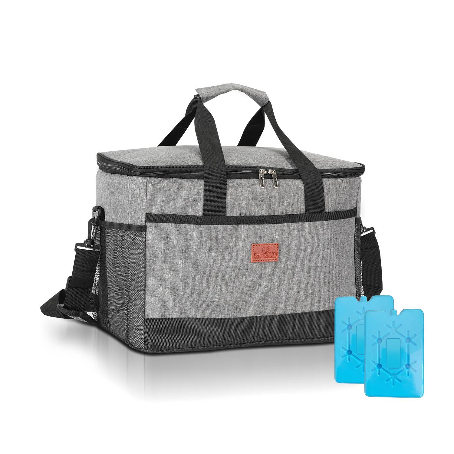 Eine große graue isolierte Kühlertasche mit schwarzen Riemen, zum Transportieren von Lebensmitteln oder Getränken konzipiert. Zwei blaue Kühlakku-Pakete sind daneben angebracht.