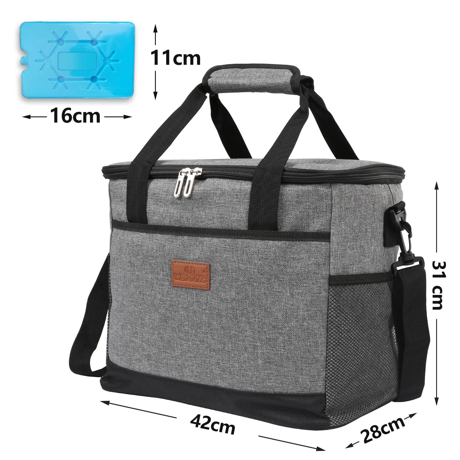Eine grau isolierte Kühltasche mit schwarzen Riemen, 42cm breit, 31cm hoch und 28cm tief, enthält ein 16cm großes Kühlpack.