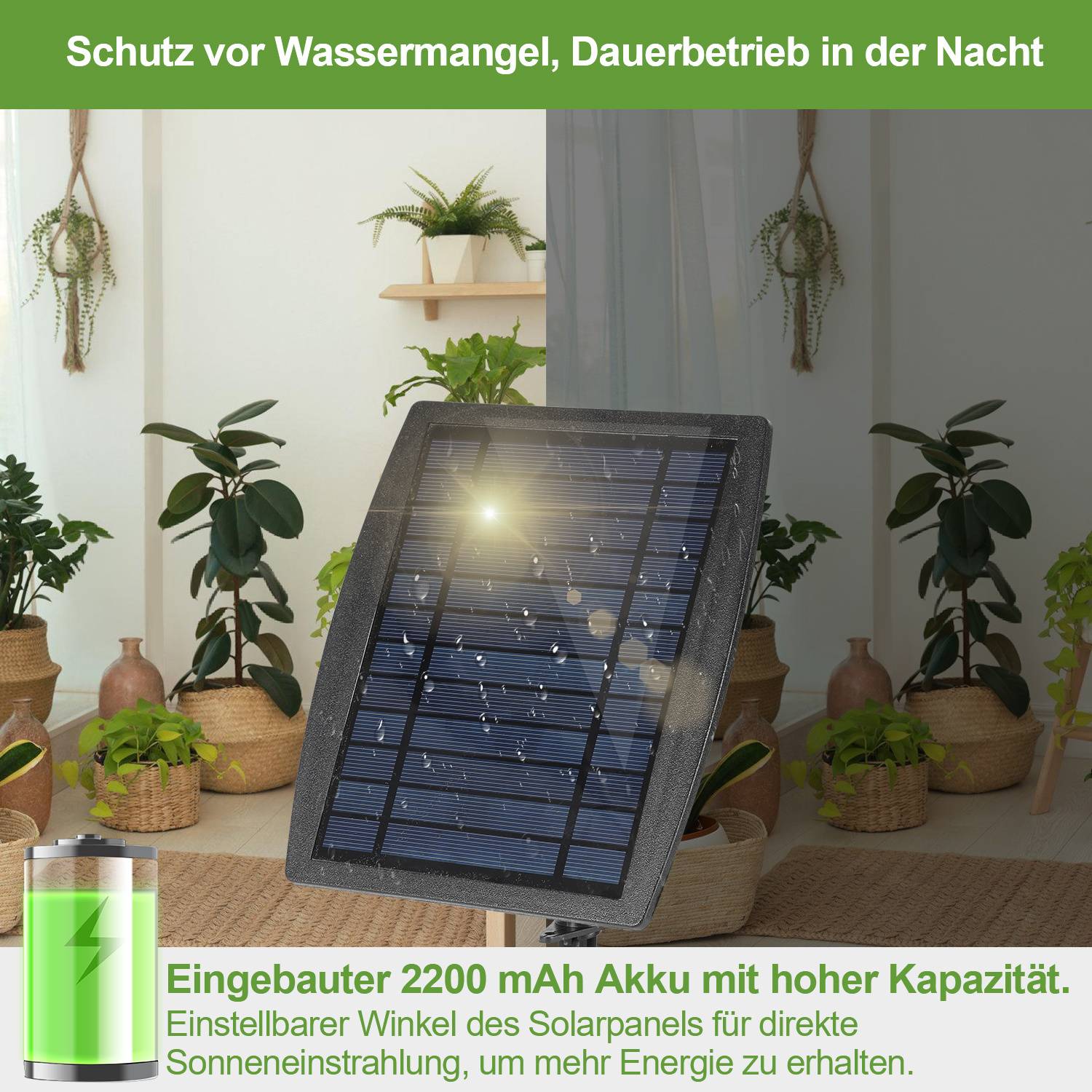 Ein Solarpanel in einem Zimmer mit Pflanzen, das seinen verstellbaren Winkel und die integrierte 2200-mAh-Batterie für den Betrieb in der Nacht hervorhebt.