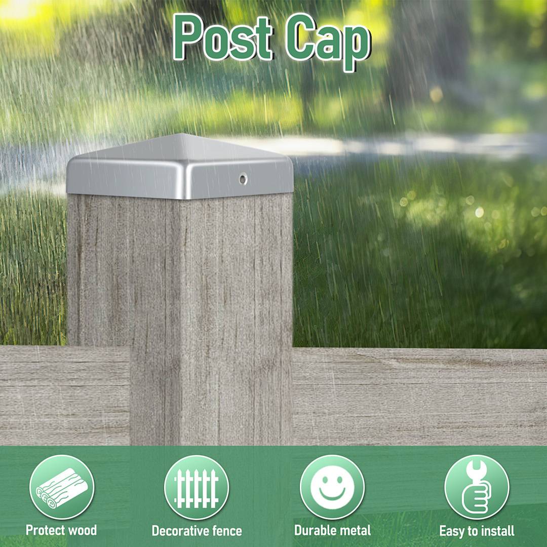 Eine witterungsbeständige Pfostenkappe auf einem Holzzaunpfosten. Text: Holz schützen, Dekorativer Zaun, Haltbares Metall, Einfache Installation.