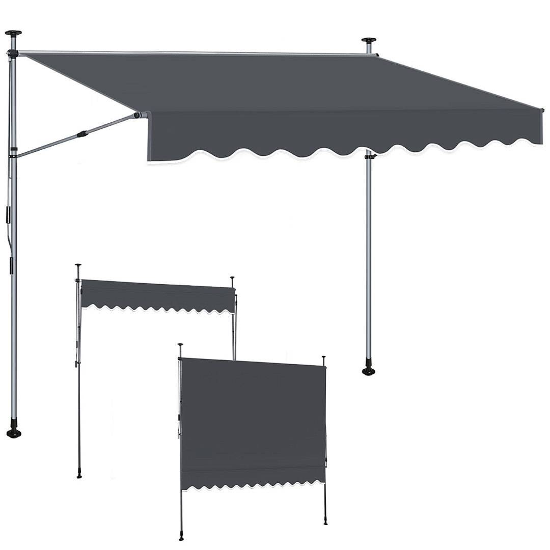 Einziehbare Markise mit Teleskop-Armen und -Stangen, in Dunkelgrau, dargestellt in aus- und eingezogenem Zustand. Geeignet für Außenschatten.