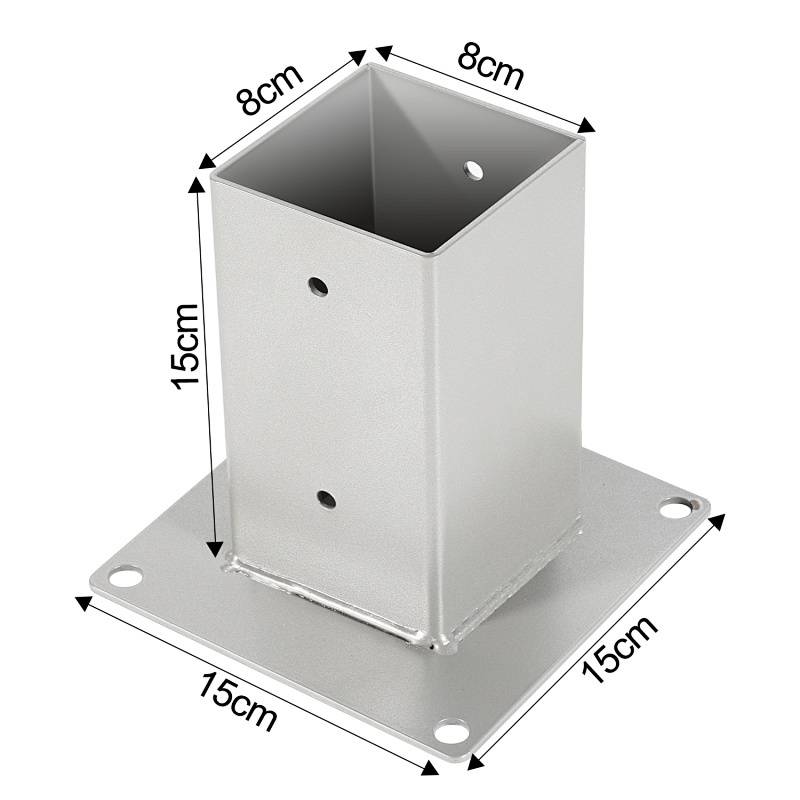 Quadratische Metallpfostenanker mit Grundplatte, Abmessungen beschriftet 15cm Höhe, 8cm Breite und 15cm Basis. Vier Ecklöcher zur Befestigung.