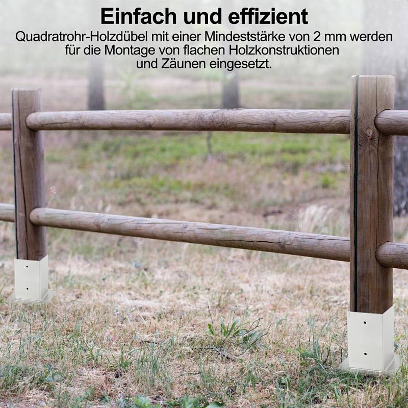Holzzaun mit Metallverbindungen auf Gras montiert, demonstriert effiziente Installation von Vierkantrohr-Dübeln für Holzstrukturen und Zäune.