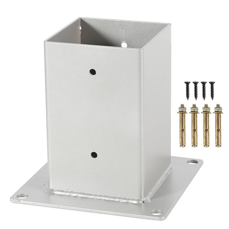 Metalltor-Pfostenbefestigung mit quadratischer Basis, zwei Seitenlöchern und einem Satz Schrauben und Dübel für die Installation.